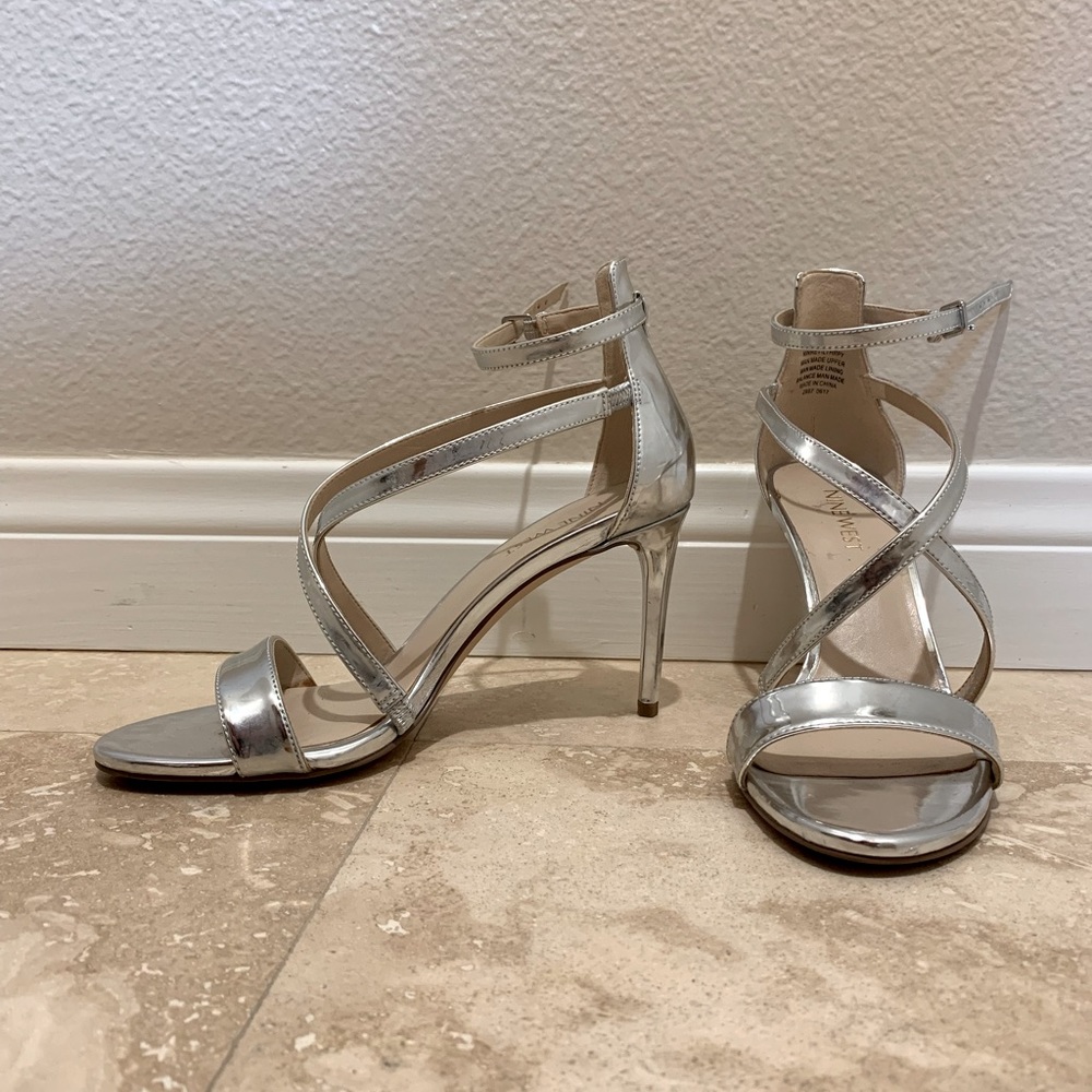 Silver open toe heels